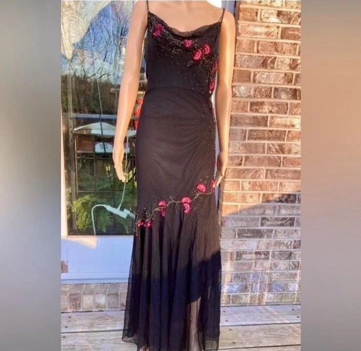 Vestido de graduación gótico superpuesto de malla con cuentas Xscape 100 % seda años 90 vintage para mujer talla 12 Foto 3 de 4