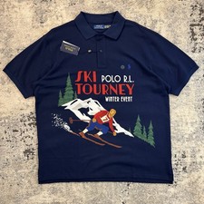 NUEVO CON ETIQUETAS Polo Ralph Lauren SKI Estampado Torneo Malla Tejido Cuello Polo Azul Marino 2XB