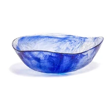 9.5 Inch 62 Ounce Etched Wavy Glass Salad Bowl, Large Tabletop Centerpiece, Blue