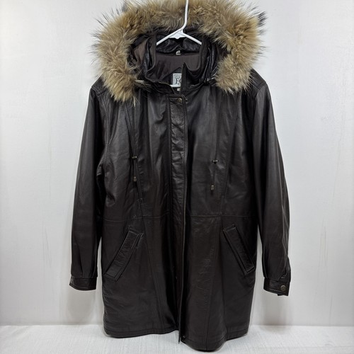 VTG Y2K Brown Leather Jacket Women’s Removable Fur Lined Hood Size M Field Gear