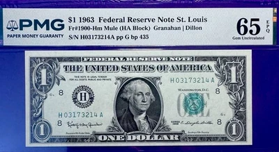 1963 1 $ Mule Federal Reserve Note St. Louis (H-A) Block PMG 65 Gem EPQ - Image 1 of 2