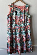 Talbots Floral Watercolor Fit & Flare Pleated Pocket Dress Women 14W Preppy New