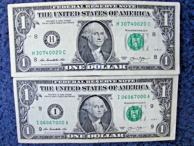 LOT OF TWO ONE DOLLAR NOTES WITH CRAZY 4&5-OF-A-KIND SERIAL NUMBERS! MEGA ZEROs