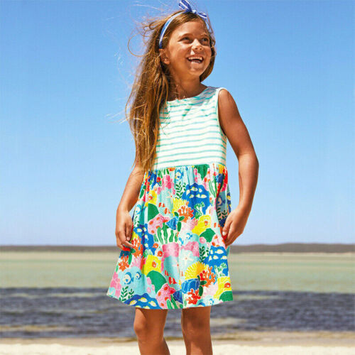 Baby Girls Summer Lovely Dress Kid Print Sleeveless Tank Stripe Clothes Sundress - Picture 1 of 6