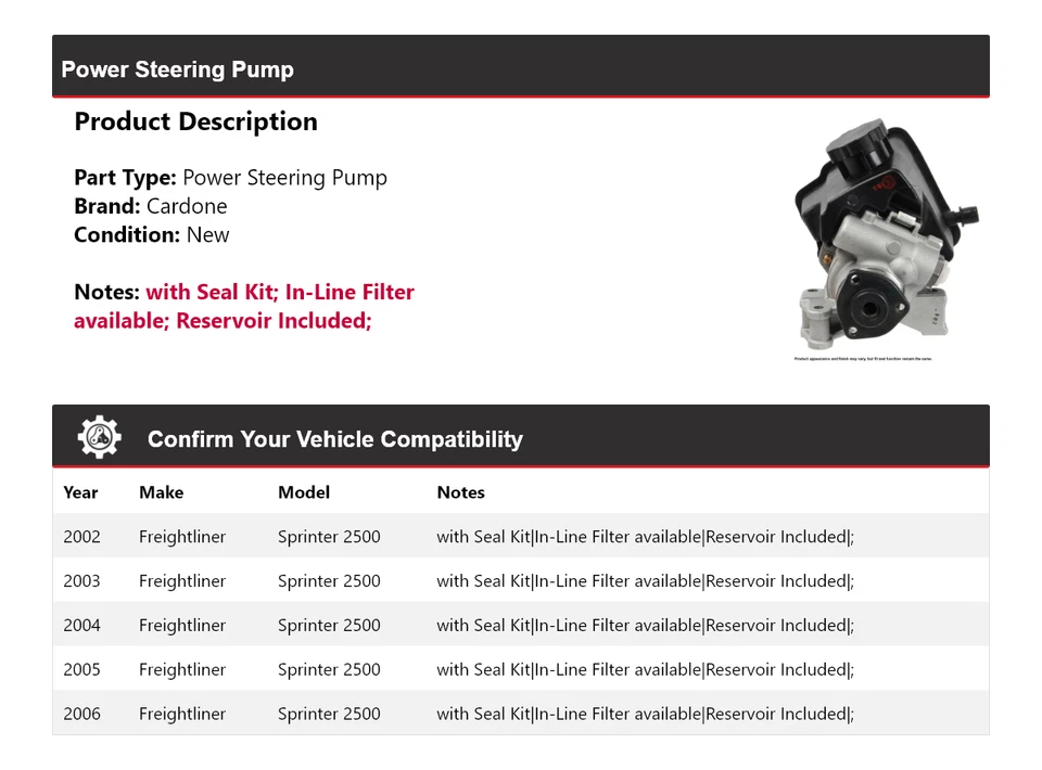 Bomba de dirección asistida Cardone 2003 2004 para Freightliner Sprinter 2500 2002-2006 Foto 2 de 4