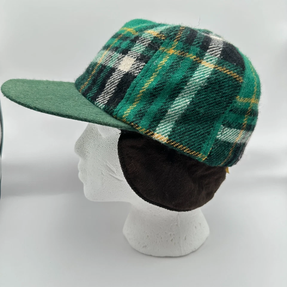 Vintage Trapper Hat M Green Yellow Flannel Plaid Ear Flap Outdoor Streetwear - Image 4 of 4