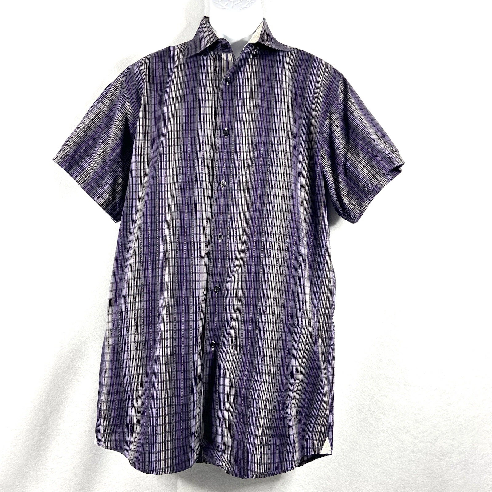 Luchiano Visconti Shirt Mens LT Purple Gray Casual Button Up Short Sleeve Check