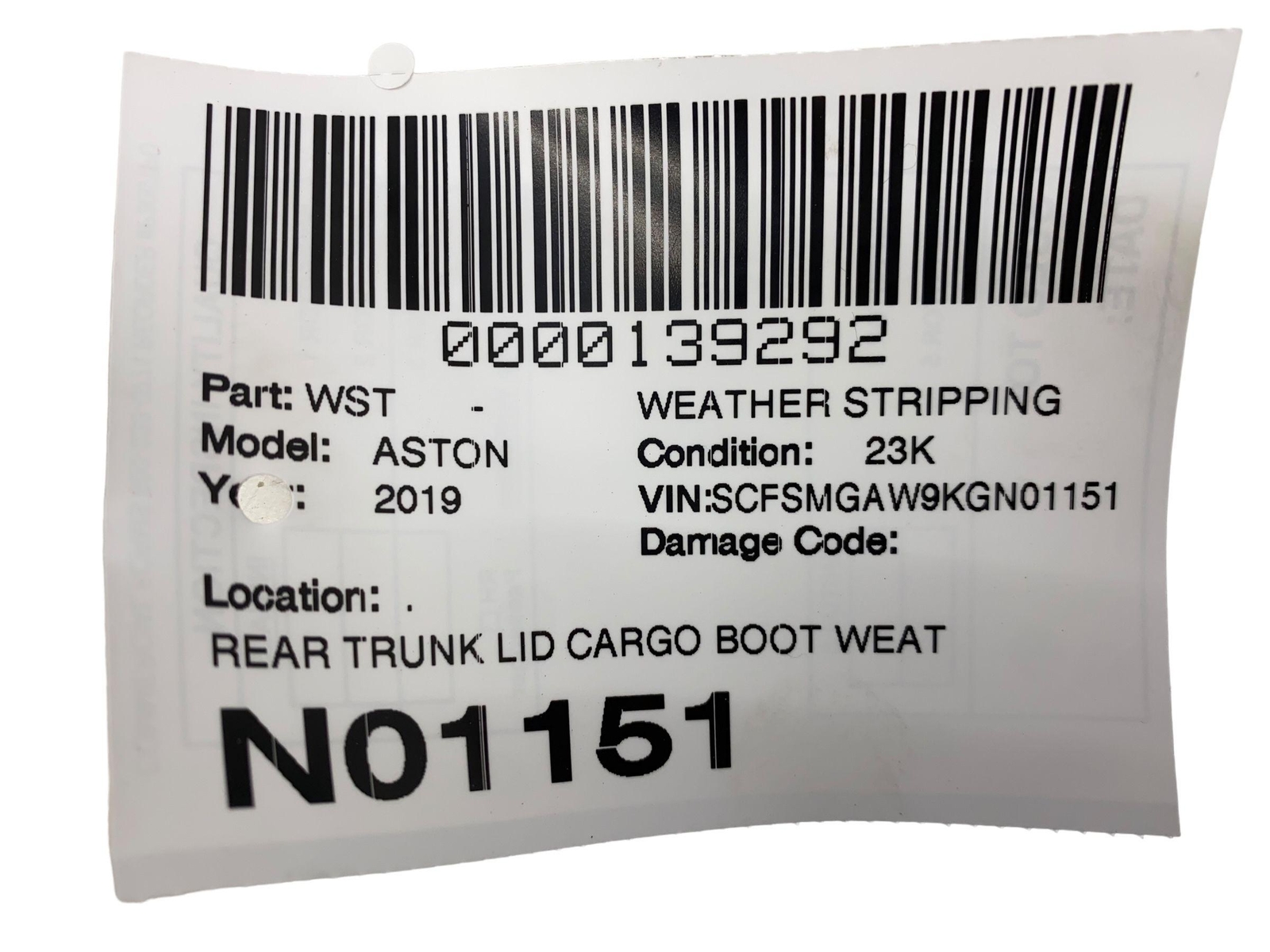 2018 - 2021 ASTON MARTIN VANTAGE OEM REAR TRUNK LID CARGO BOOT WEATHER STRIPPING