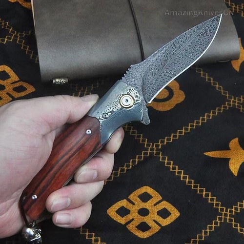 Cuchillo de bolsillo de supervivencia Damasco plumas coleccionables artesanal... - Imagen 5 de 9