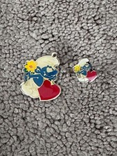 RARE Smurf Goldtone Little Girl Necklace Pendant  matching ring for child