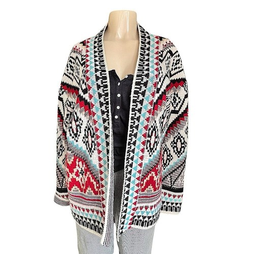 Maglione cardigan aperto geometrico Coco + Carmen rosso, turchese e nero S/M - Foto 3 di 11