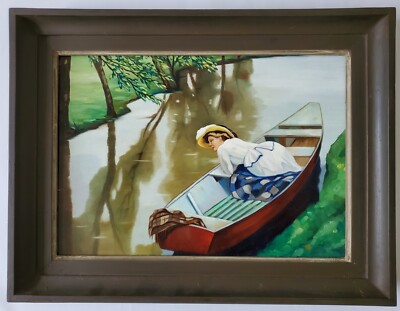 Gemälde Öl Dame Boot Park Landschaft Herrmann von Point Monogramm 2023