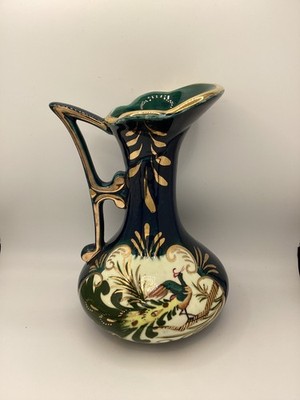 Vintage H. Bequet Quaregnon Belgium Peacock Ceramic Pitcher with Gold Trim