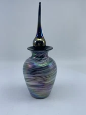 VTG Art Glass Perfume Bottle Iridescent White Threaded Swirl Black Glass