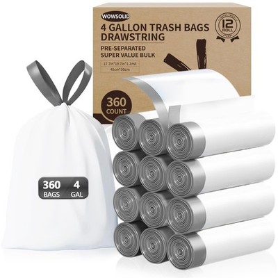 Small Trash Bags 4 Gallon with Drawstring, 360 Count 1.2 Mil Thick Small Garb...