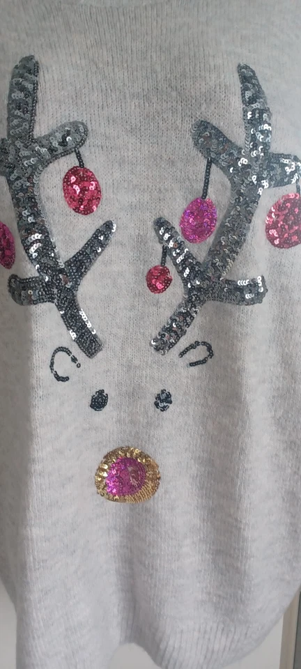 LADIES TU CHRISTMAS JUMPER SIZE 18 OATMEAL & GREY MIX WITH SEQUIN REINDEER - Image 2 of 4