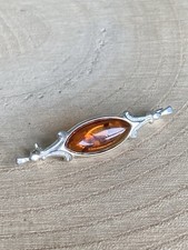 Oval Amber Brooch Sterling Silver 925 Cognac Gemstone Oblong