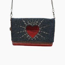 Mary Frances Beaded Heart Sunburst Crossbody Purse Red Blue Silver Chain New