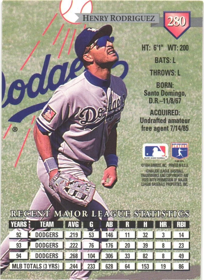 1995 Donruss #280 Henry Rodriguez Los Angeles Dodgers - Image 2 of 2