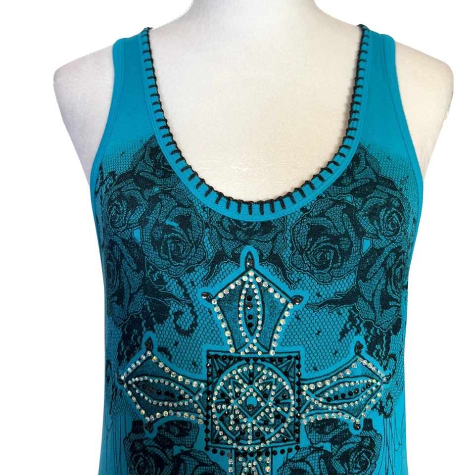 Túnica Tanque Vocal Mordedura de Tiburón Asimétrica Cristal Tribal Cruz Rosas Grunge Y2K Foto 3 de 4