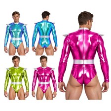 Men Leotard Zipped Bodysuit Glossy Costume Club Suit Colorful Outfit Shouldered