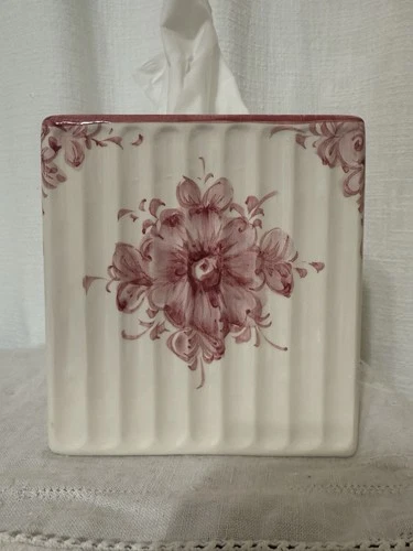 Vtg Tissue Box Square Ceramic Hand Painted Floral Shabby Cottage Portugal Pink