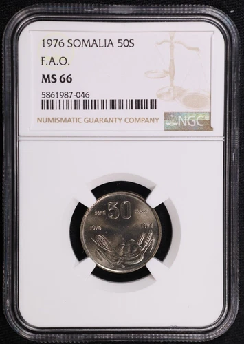 1976 Somalia 50 Senti FAO CuNi Copper-Nickel Coin KM 26 NGC MS 66