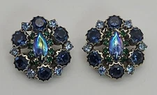 Vintage Iridescent Blue And Shades Of Blue Rhinestone Clip-on Earrings Silver...