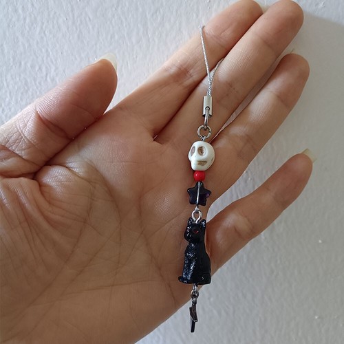 Gothic Skull & Black Cat Phone Charm Dark Aesthetic Pendant for Phone/Purse/Bag - 第 1/6 張圖片