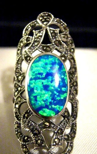 Antique style Blue Green Gilson opal Marcasite Cocktail Ring Sterling Silver N 7 - Picture 4 of 11