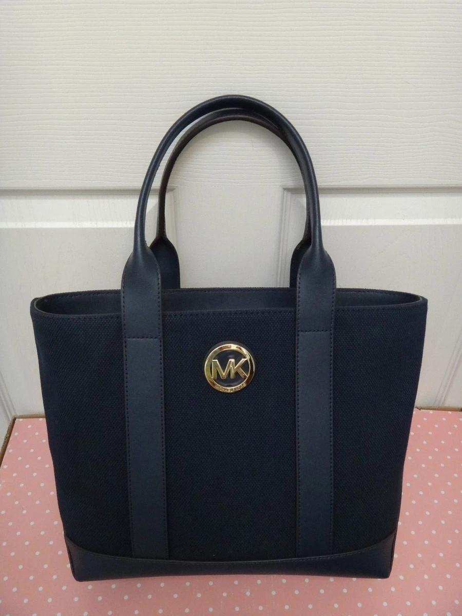MICHAEL KORS Women s MK Fulton MD Tote Bag Navy Blue Canvas Leather 38S8XFCT2C