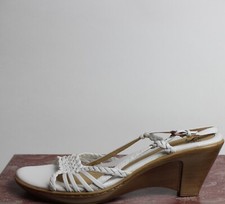 NEW Sofft Lydia White Leather Sandal Wood-Stacked Wedge Slingback Open Toe Sz 8N