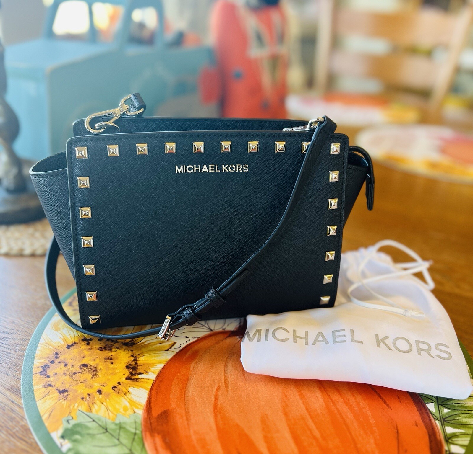 Michael Kors Selma Stud Black Leather Crossbody Bag NEW $248