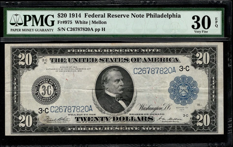 1914 $20 Federal Reserve Note Philadelphia Fr. #975 White/Mellon PMG 30 (BFJ) - Image 2 of 4