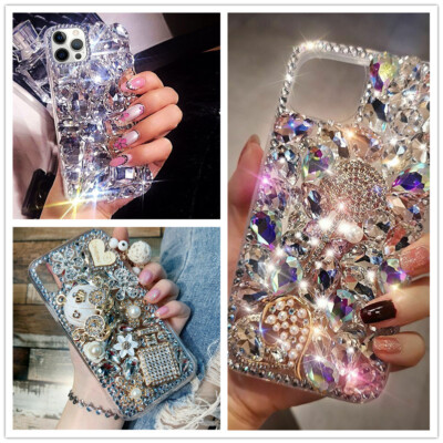 Women/Girl Bling Diamond Rhinestone Clear Rubber Back Phone Case with Hand Strap