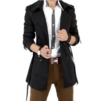 Men's Windbreaker Jacket Trench Male Double Breasted Retro Classic Long Coat 