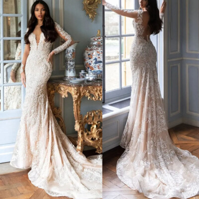 Boho Light Champagne Wedding Dresses Long Sleeves V Neck Sweep Train Bridal  Gown | eBay