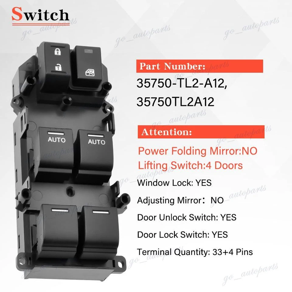 Interruptor de porta de janela dianteiro esquerdo mestre 35750-TL2-A12 para Acura TSX 2009-2014 - Imagem 3 de 4