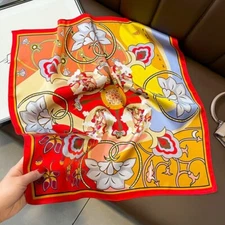 100% Mulberry Silk 20" Square Scarf For Women Neckerchief Wrap Yellow Red Flower