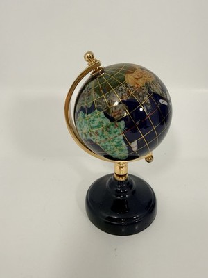 Vintage Inlaid Gemstone Globe World Map Semi Precious Stones Desktop Globe 6'' H