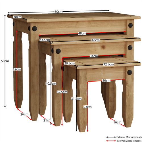 Corona Nest of 3 Tables Mexican Solid Waxed Pine Living Room Furniture Units - Picture 2 of 7