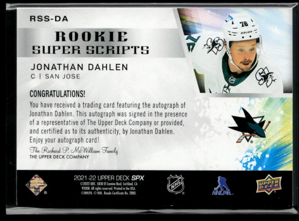 2021-22 SPx Rookie Superscripts #RSS-DA Jonathan Dahlen RC - Image 2 of 2