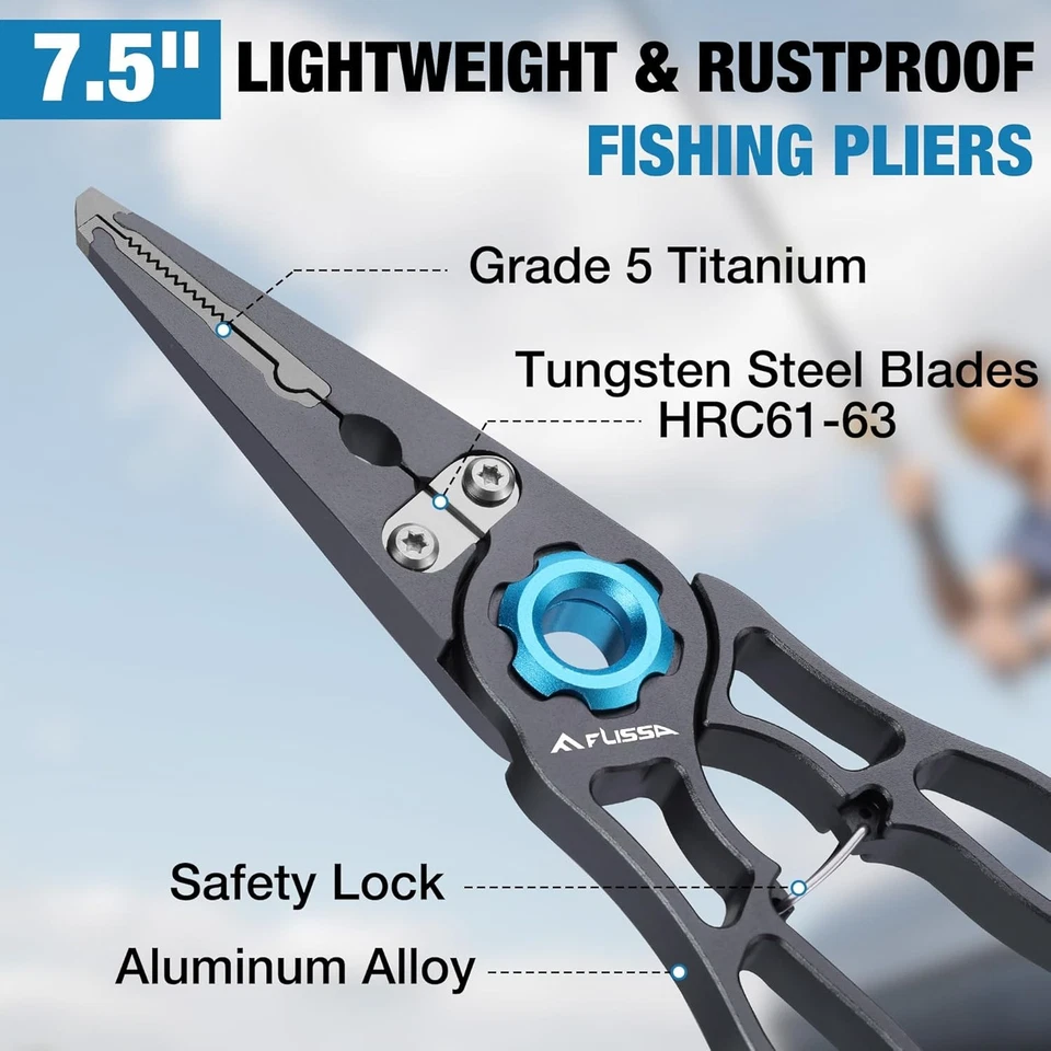 FLISSA 7.5" Fishing Pliers Titanium Jaw Tungsten Carbide Line Cutter Safety Lock - Image 3 of 4