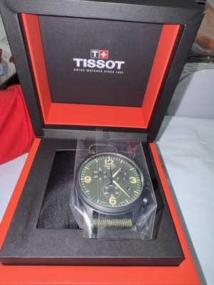Tissot Swiss Chronograph Mens Watch With Green Dial & Nylon Strap In Original Bo