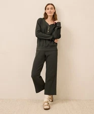 Pact Thermal Waffle Lounge Set Henley + Wide Leg Pant W586D $168 MSRP Sz S Oak