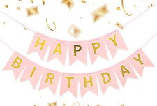 Happy Birthday Banner, Pink Gold, Includes String