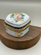 Vtg. Porcelain Trinket Box Hand Painted Flowers Hinged Top