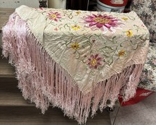 Beautiful 1920s Large Pink Silk Embroidered Fringed Piano Shawl 48 x 48