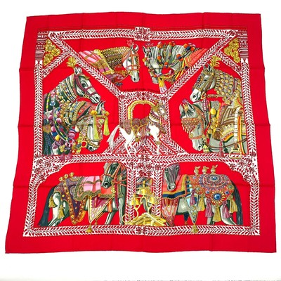 Hermes Scarf La Danse du Cheval marwari 90 cm Silk red horse | eBay