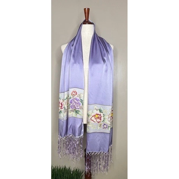 100% Mulberry Silk Scarf Lavender Floral Peony Hand Painted Fringe Wrap NWT